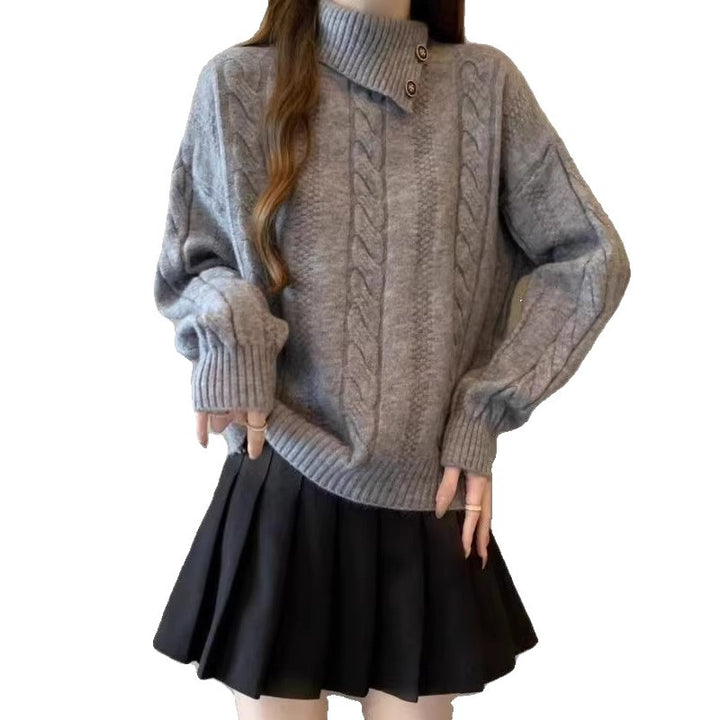 Sweater en tricot épais pour femmes avec col montant et détails en boutons Chic & Stil
