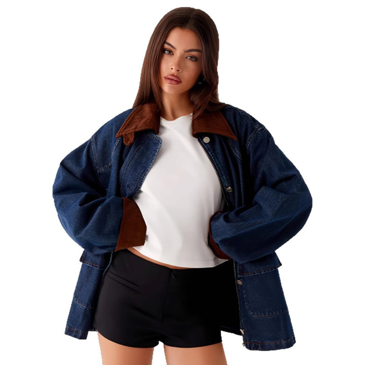 Denim jacket for women with hood and contrast sleeves Lune London