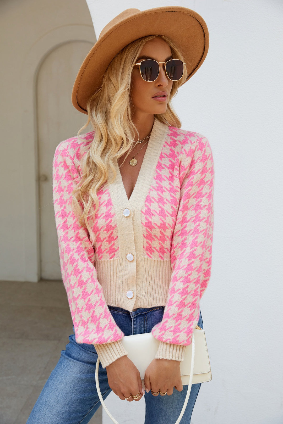 Women Fashionable Knitted Cardigan with Argyle Pattern and Beaded Button Lune London