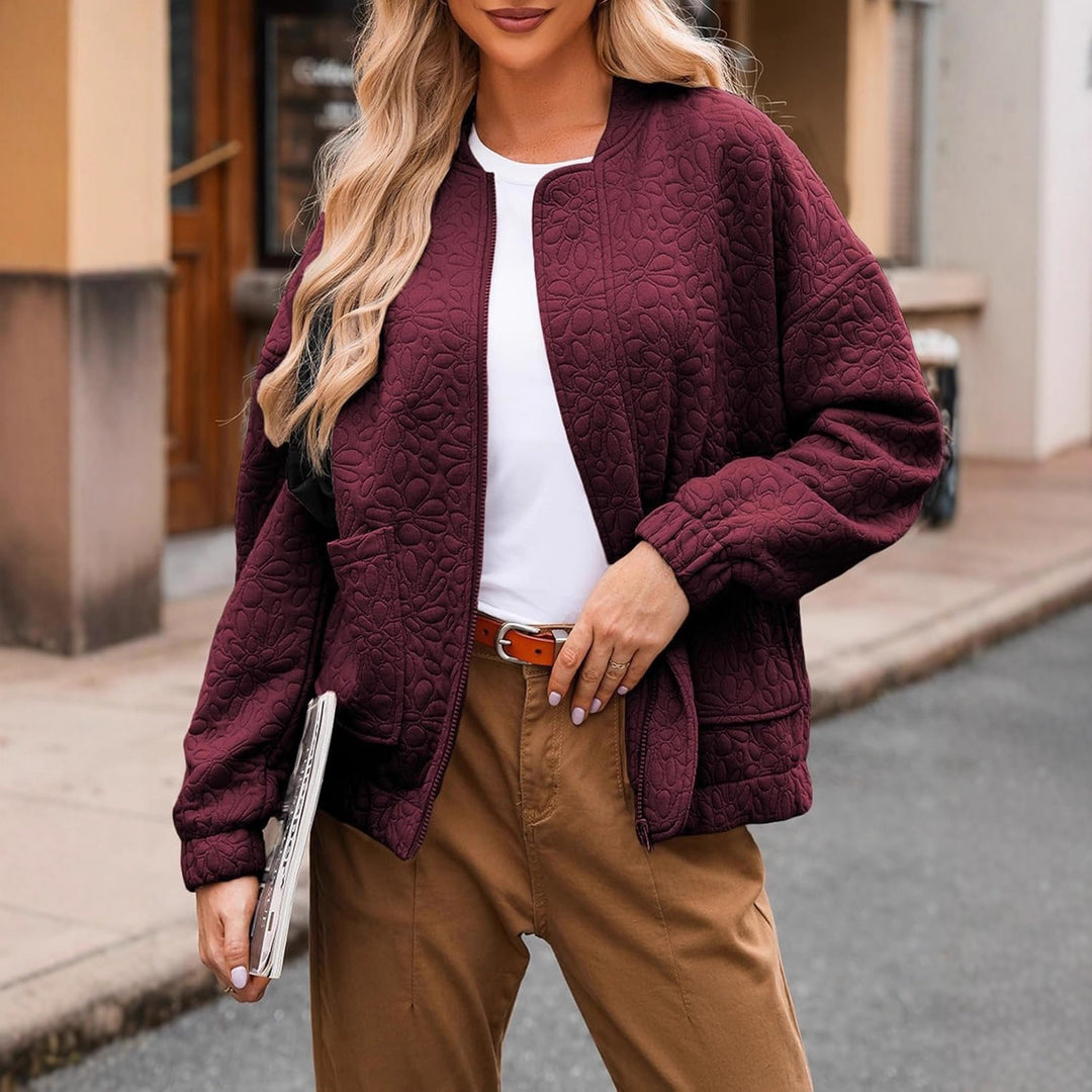Quilted bomber jacket for women with floral design and practical pockets Lune London