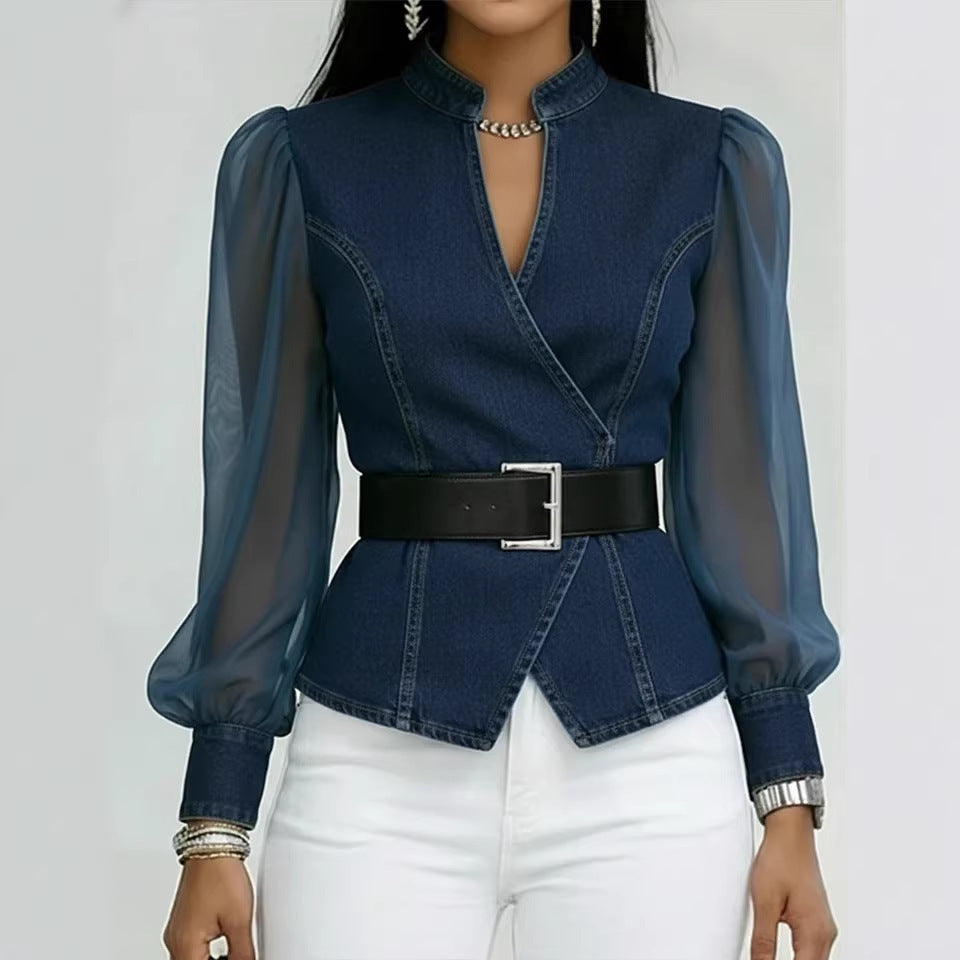 Women’s jeans blouse with transparent sleeves and tailored design Chic & Stil