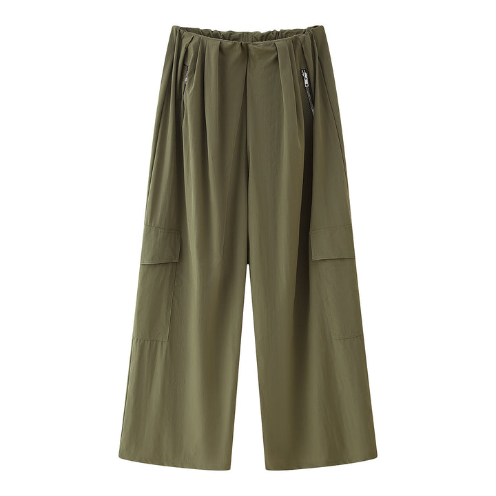 Wide cargo pants for women with elastic waist and side zip pockets Lune London