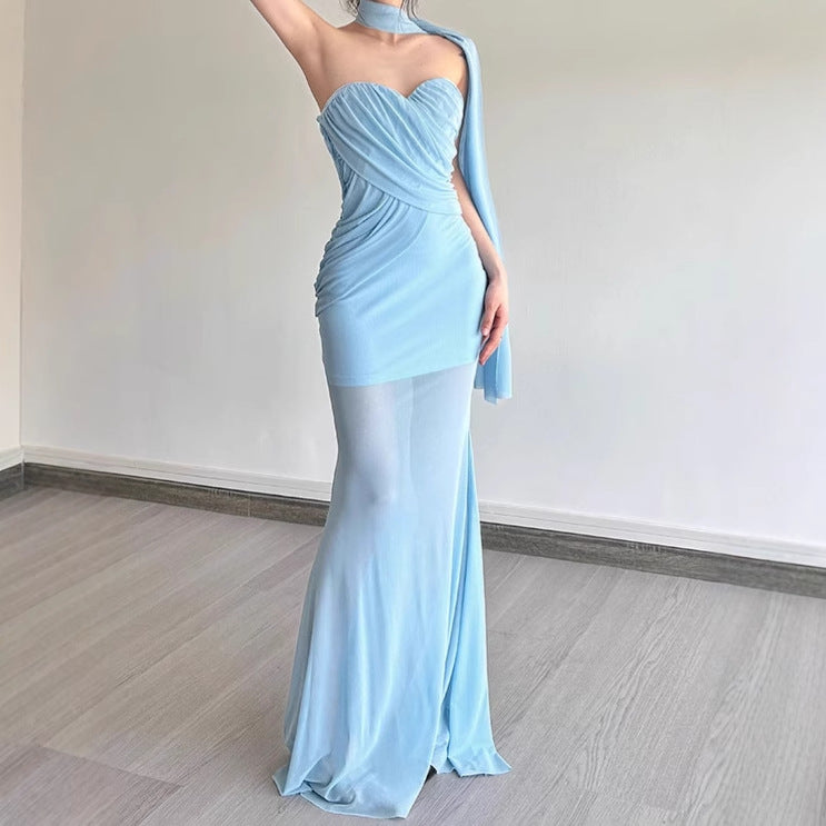 Elegant maxi dress for women with asymmetric neckline and sculpting design. Lune London
