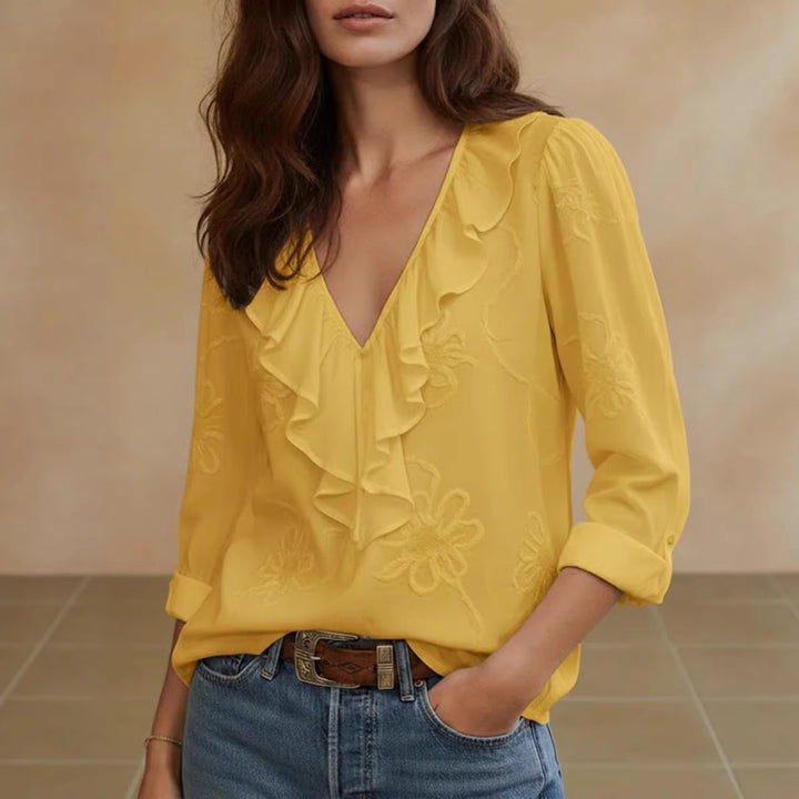 Women's elegant blouse with ruffle and floral embroidery pattern Lune London