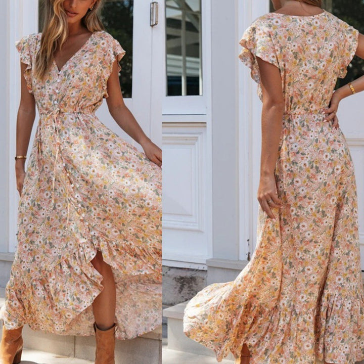 Robe maxi femme avec un délicat imprimé floral et des détails en volants Chic & Stil