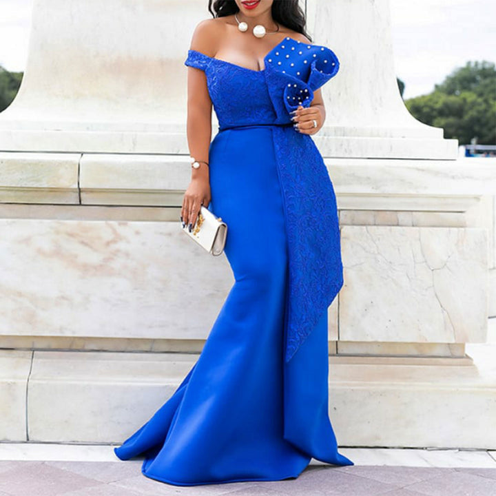 Women's evening maxi dress with off-shoulder design and luxurious lace appliqués Lune London