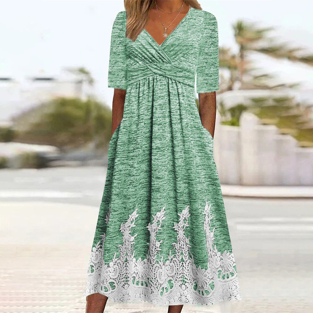 Elegant maxi dress with V-neck and lace for women Lune London