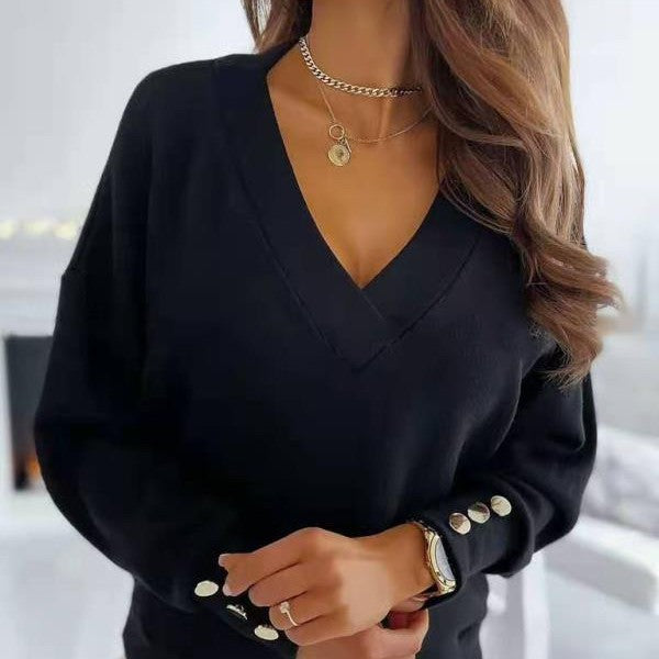 Ladies Long Fashion Sweater with Long Sleeves and V Neck and Button Details Lune London