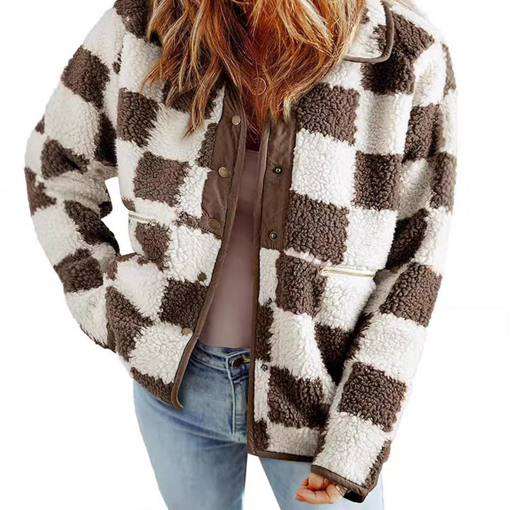 Ladies Cozy Wool Jacket with Modern Square Patterns Lune London