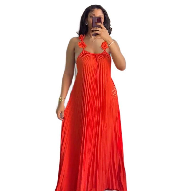 Women Elegant Maxi Dress with Casual Pleats and Decorative Shoulder Flowers Lune London