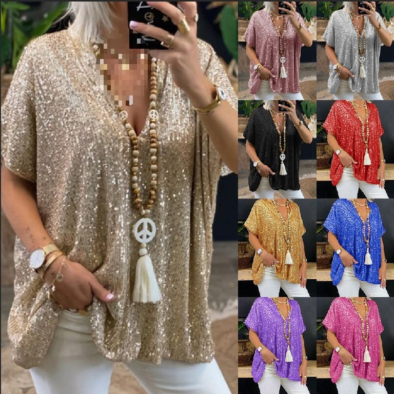 T-Shirt tunique paillettes glamour pour femmes avec décolleté en V Lune London