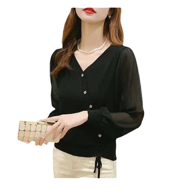 Elegant knitted sweater for women with button details and transparent sleeves Lune London