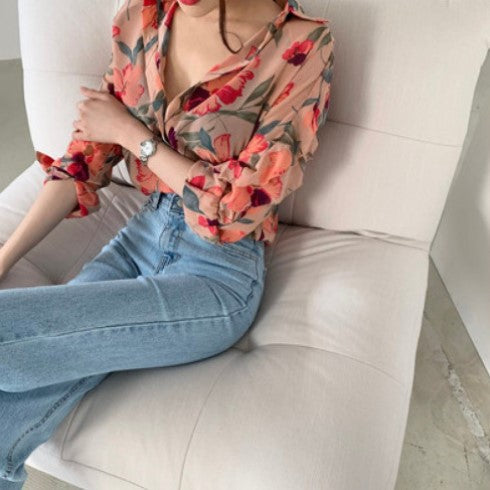 Ladies Chiffon Printed Floral Buttoned Blouse Lune London