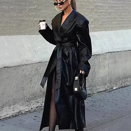 Elegant faux leather trench coat for women with belt Lune London