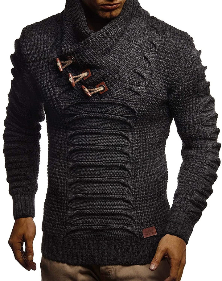 Chunky knit sweater for men with innovative shawl collar and rustic chic design