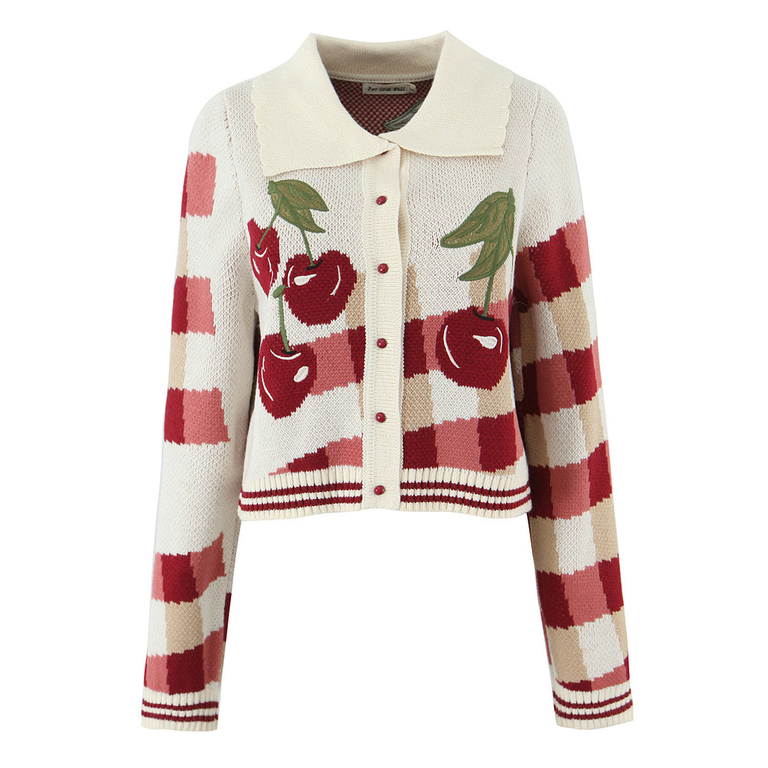 Ladies cheerful Cropped knitted jacket with cherry blossom floral pattern Lune London