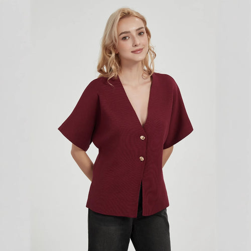 Ladies fashionable cardigan with deep V-neck and elegant button placket Lune London