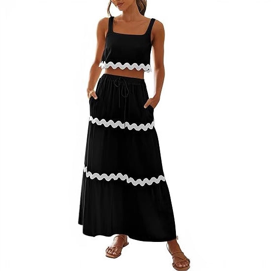 Two-piece women's set with crop top and lace maxi skirt Lune London