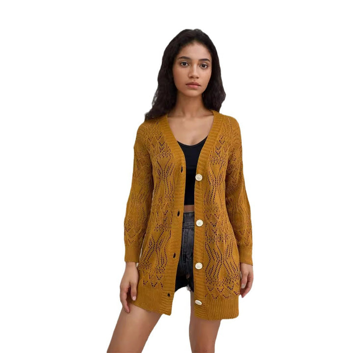 Ladies lightweight cardigan with delicate crochet pattern and chic button details