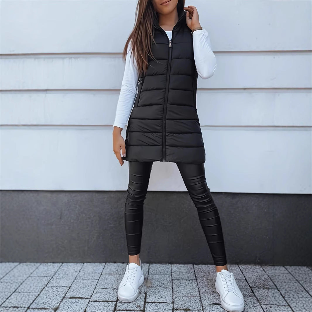Ladies stylish quilted vest with hood and long cut Lune London