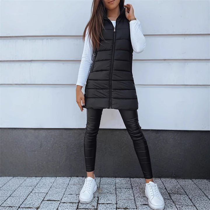 Ladies stylish quilted vest with hood and long cut Lune London