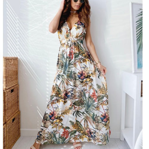 Tropical print maxi dress for women with adjustable fabric belt Lune London