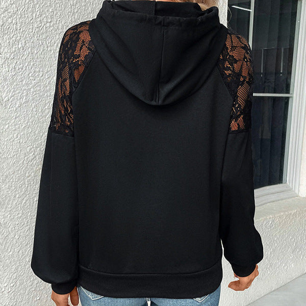 Hooded sweatshirt for women with elegant lace sleeves and a chic casual fit