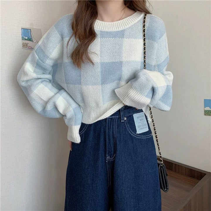 Lune London checkered pattern cropped sweater for ladies