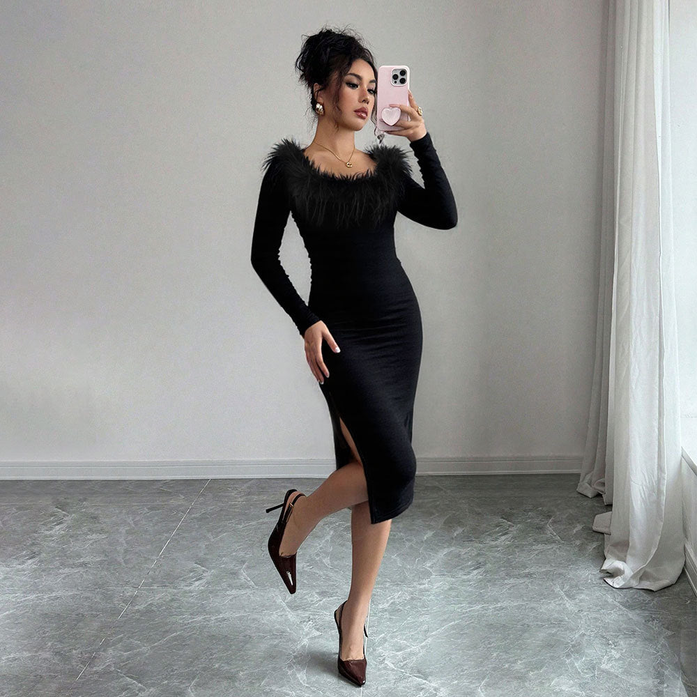 Robe midi pour femme avec décoration en plumes élégante et fente sur le côté Chic & Stil