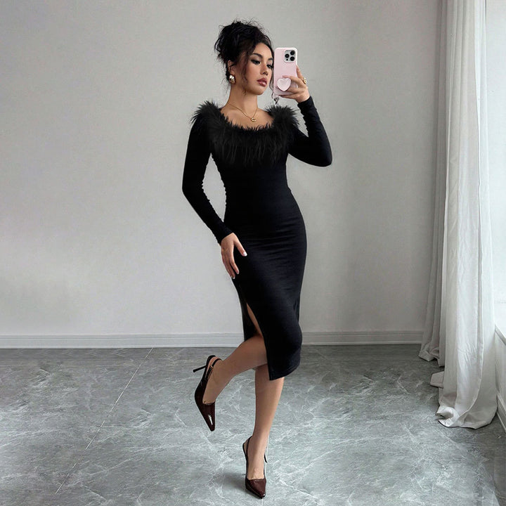 Robe midi pour femme avec décoration en plumes élégante et fente sur le côté Chic & Stil