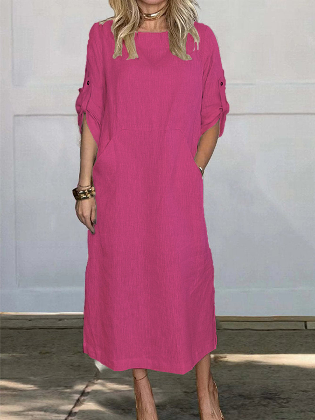 Airy midi dress for women with practical pockets and roll-up sleeves Lune London