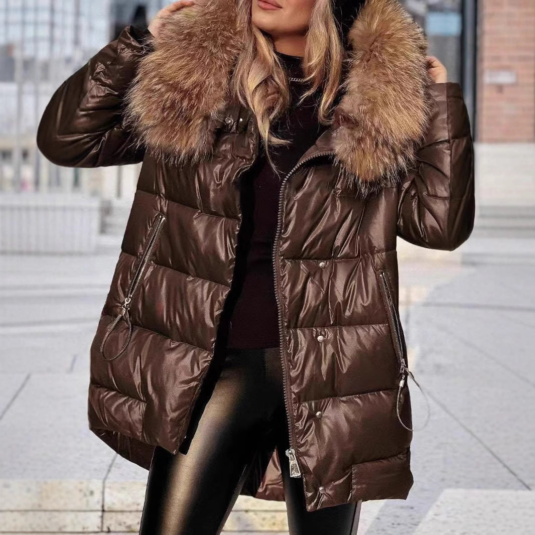 Ladies Long Down Jacket with Removable Faux Fur Collar Lune London