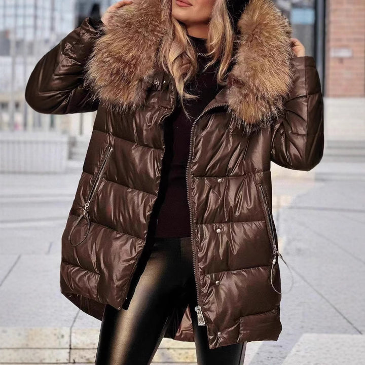 Ladies Long Down Jacket with Removable Faux Fur Collar Lune London