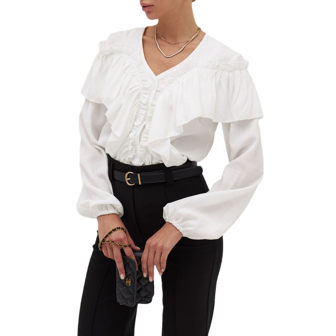 Women Elegant Blouse Top with Voluminous Ruffles and Flattering Cut Lune London