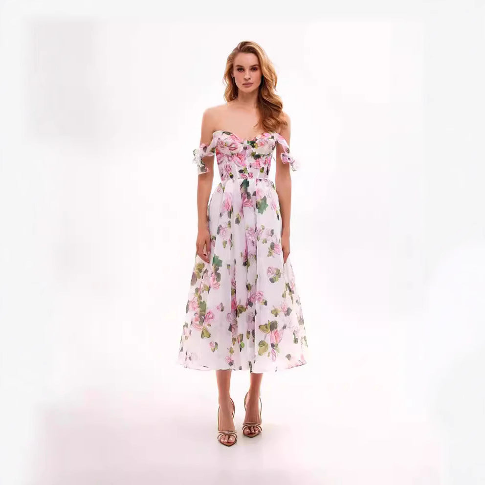 Women's floral dress with off-the-shoulder design