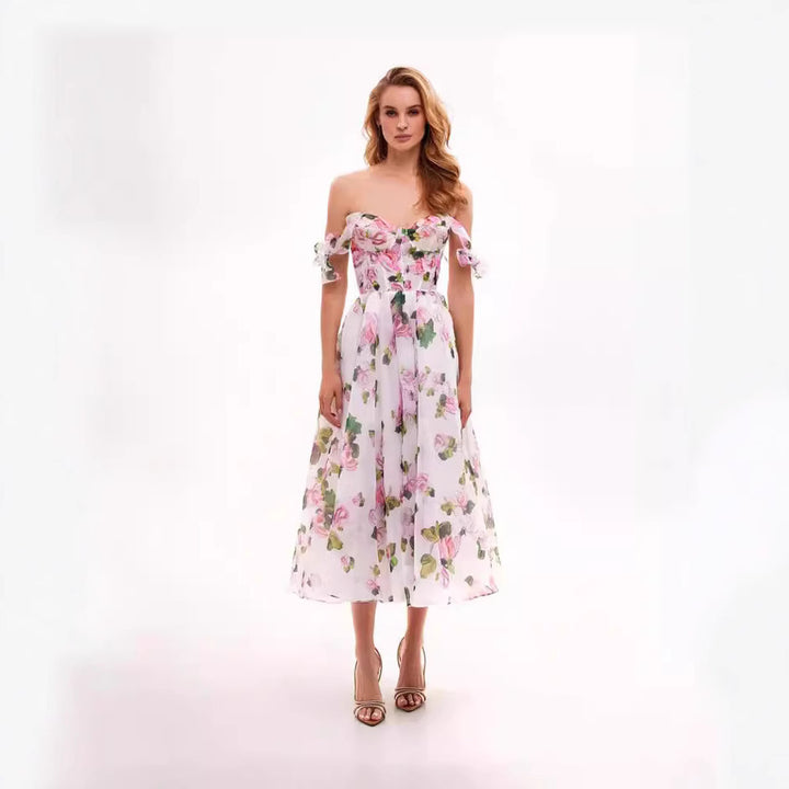 Women's floral dress with off-the-shoulder design