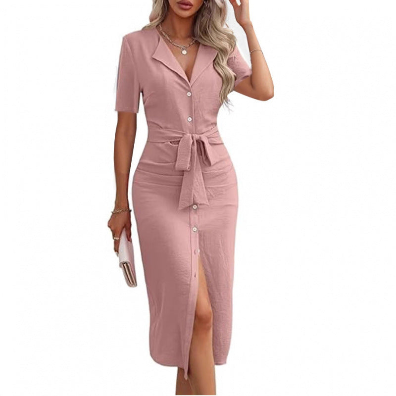 Elegant midi dress for women with button details and belt at the waist Lune London