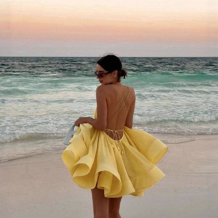 Summer chiffon dress for ladies with adjustable straps and a voluminous skirt Lune London