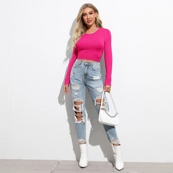 Long Sleeve Crop Shirt for Women with Elegant Ribbed Texture Chic & Stil