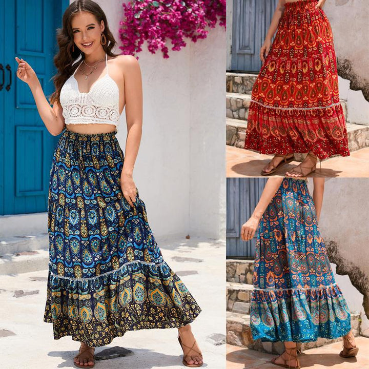 Long skirt for women with artistic paisley pattern and voluminous hem Lune London
