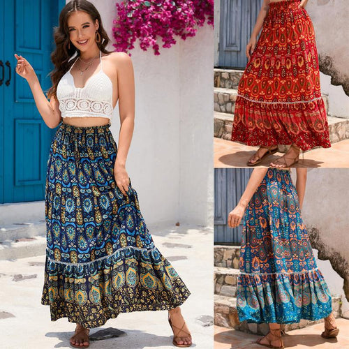 Long skirt for women with artistic paisley pattern and voluminous hem Lune London