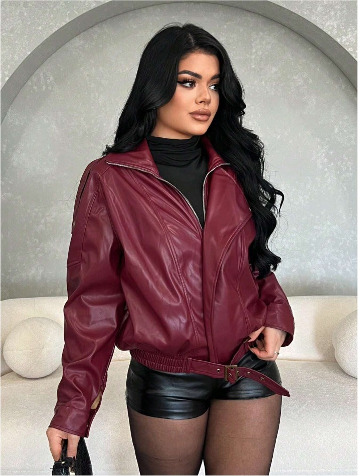 Faux leather jacket for women with a fitted cut and a decorative belt Lune London