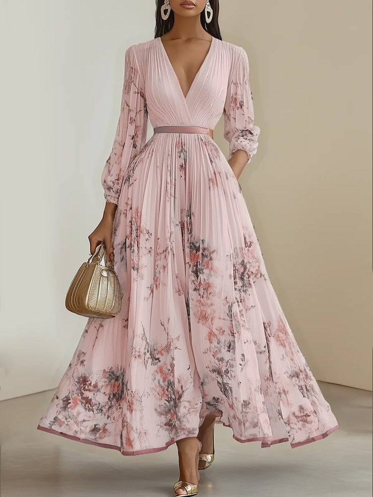 Women Magnificent Maxi Dress with Deep V-Neck and Floral Design Lune London
