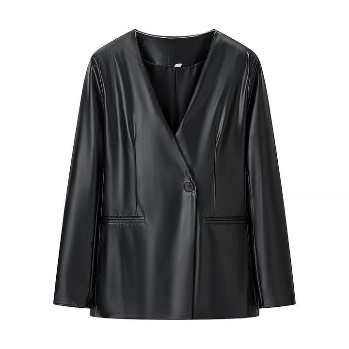 Elegant Women Long Blazer in High Quality Faux Leather Lune London