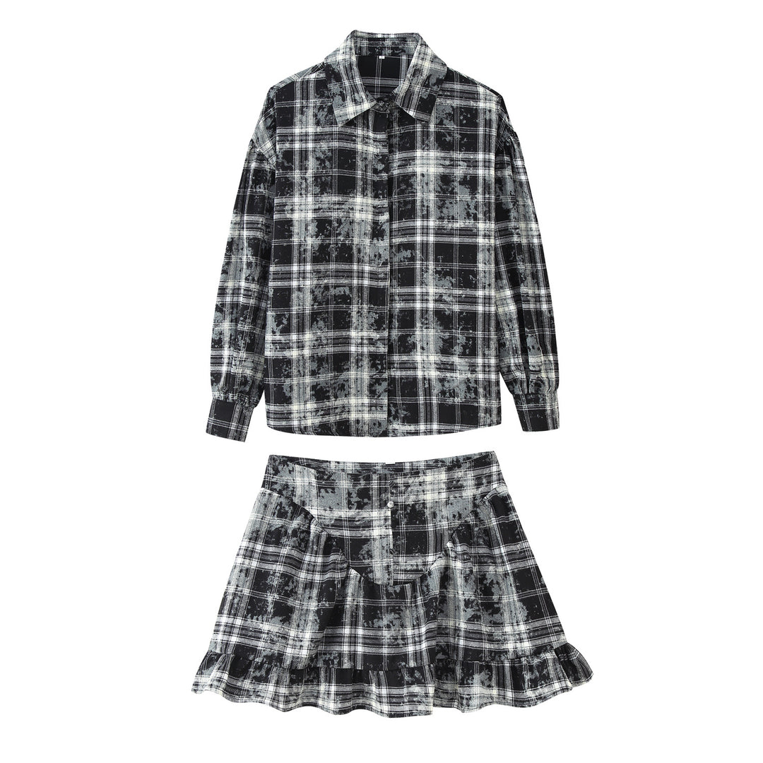 Ladies checkered pattern outfit with striped blouse and ruffled ensemble Lune London