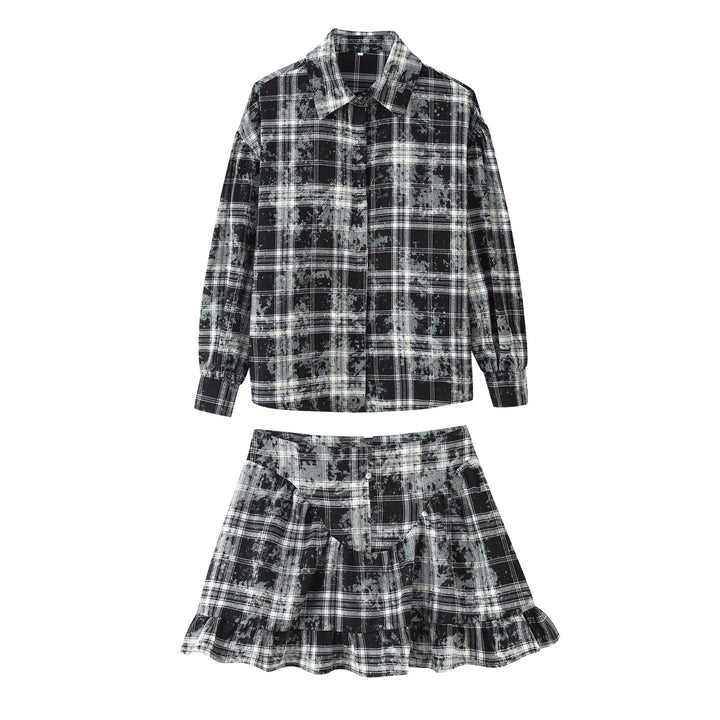 Ladies checkered pattern outfit with striped blouse and ruffled ensemble Lune London