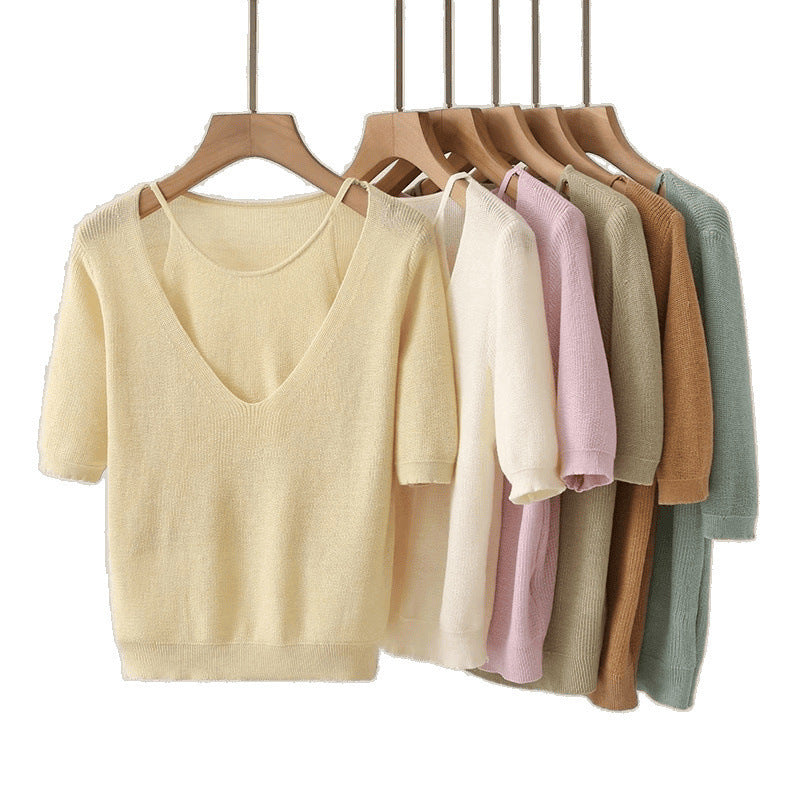 Casual V-neck knitted sweater for women with short sleeves Lune London