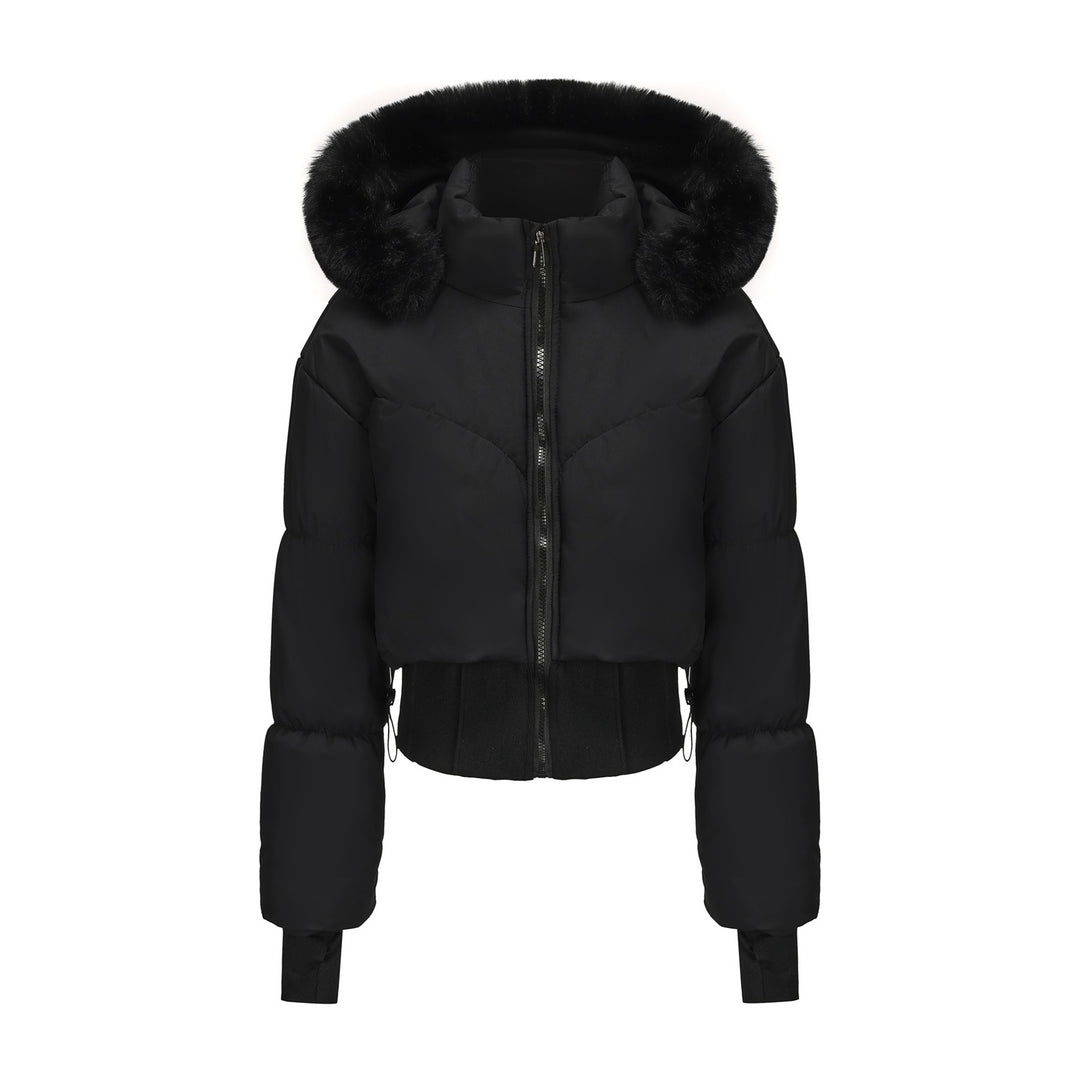 Cropped down jacket for women with removable hood and faux fur trim Lune London