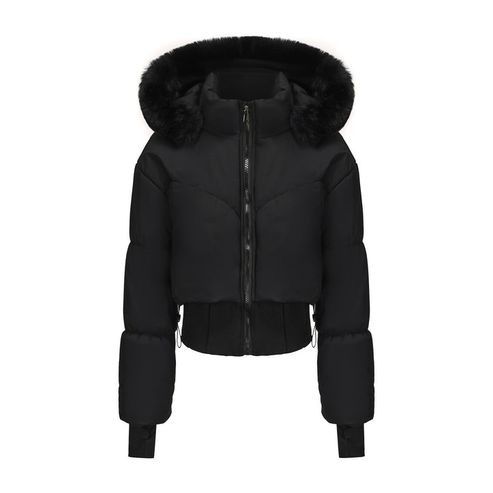 Cropped down jacket for women with removable hood and faux fur trim Lune London