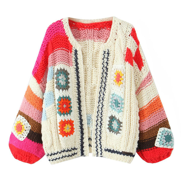 Trendy knitted jacket for women with colorful crochet patterns Lune London